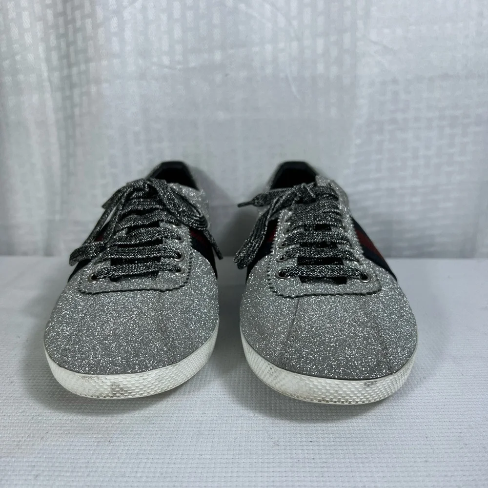 Gucci Ace Silver Glitter Web Stripe Sneakers Size 8